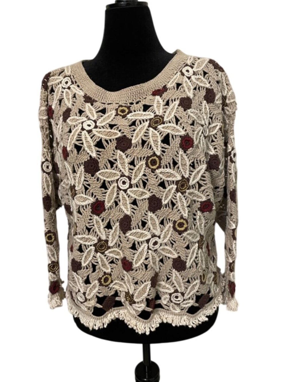 CURIO Vintage Crochet Knit Sweater Floral Openwork Fringe Beige Linen Blend M